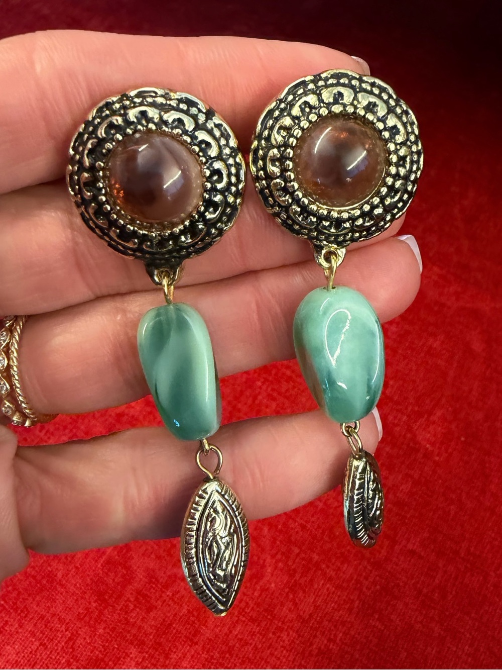 Park Lane Vintage Boho Tiered Drop Post Earrings Faux Jade & Marbled Lucite
